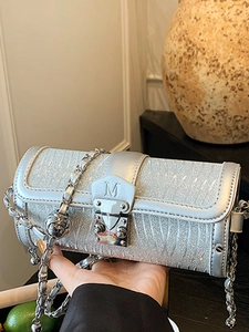 Fashion Cylindrical Shoulder Bag For Women Silver Chain Crossbody Bag Urban Ins Style Handbag With Stylish Letter M Lock Decor