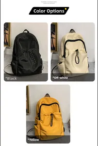 Detail view of water-resistant nylon backpacks in black, off-white, and yellow colors