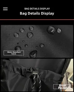 Detail of waterproof nylon fabric and front drawstring pocket on this black backpack