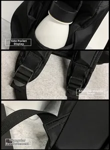 Detail of waterproof nylon backpack showing side pocket and reinforced shoulder straps