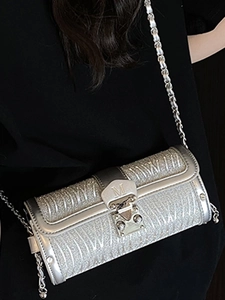 Silver sequin cylinder bag with M-buckle and metal chain strap for women fashion