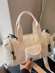 Minimalist beige cylinder Boston shoulder bag with large capacity and multi-pocket design