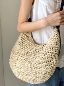Lazy style large capacity woven shoulder bag with black leather strap for beach or commute