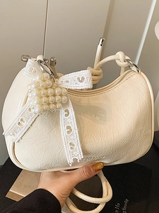 Fashion Pleated PU Leather Underarm Bag For Women Elegant Solid Color Half Moon Shoulder Bag With Artificial Pearl Heart Charm Lace Bow Casual Dating Handbag