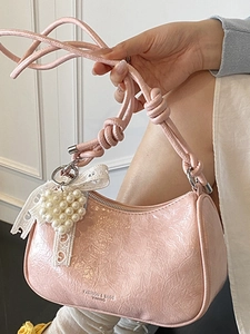 Chic pink glossy cloud handbag with ruched texture, heart pearl and lace bow details
