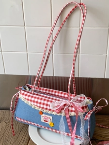 Denim Gingham Patchwork Cherry Shoulder Bag For Women Lace Bow Sweet Underarm Bag Retro Plaid Casual Commuter Square Handbag