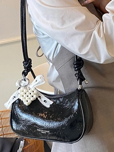 Fashionable black shiny pleated cloud bag with lace bow and pearl heart charm