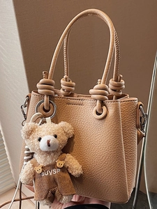 Women Urban Minimalist PU Leather Bucket Bag Litchi Pattern Handbag With Bear Pendant Shoulder Crossbody Bag Fashion Tote