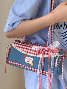 Blue denim crossbody bag with red checkered patterns and sweet cherry label design