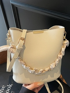 Women Urban Minimalist PU Leather Bucket Bag With Silk Scarf Handle Stitching Detail Shoulder Crossbody Bag Handbag For Daily Commuting