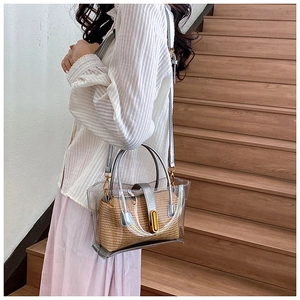 Vue détaillée du cabas transparent en PVC avec pochette tissée et bandoulière argentée