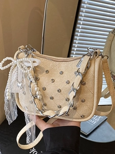 Sac Sous l'Aisselle Punk Rivet Strass Femme Matelassé Cuir PU Chaîne Bandoulière Nœud Künstliche Perles Dentelle Y2K Mode Sac à Main