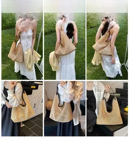 Detailed views of the straw woven tote bag featuring reinforced brown and black handles