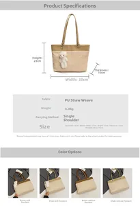 Detailed size specifications for woven straw tote bag with plush bear charm accessory