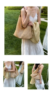 Close-up of woven straw tote bag featuring brown leather handles and hollow mesh texture
