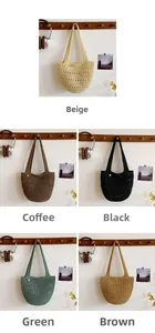 Detailed row of woven hollow handbags in beige, coffee, black, green and brown colors