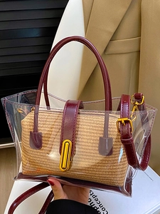 Sac Fourre-Tout Transparent en PVC Style Japonais Femmes Été Paille Tissée Sac à Épaule 2-En-1 Avec Bandoulière Amovible Mode Sac à Main