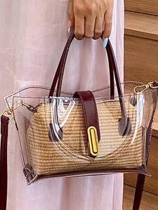 Sac fourre-tout transparent en PVC de style japonais avec pochette en paille et cuir bordeaux