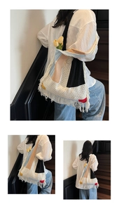 Detailed close-up of retro color-block knitted tote bag with delicate white fringe accents