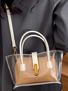 Sac fourre-tout tissé transparent avec couche en PVC et poignées en cuir blanc pour femmes