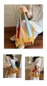 Detailed view of bohemian knit tote bag with colorful patchwork and hanging tassels