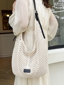 Large capacity off-white crochet hobo bag with black adjustable leather strap for women