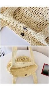 Detail of metal magnetic clasp and hollow woven texture on ivory beach tote bag
