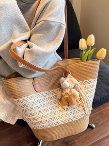 Large straw tote bag with color blocking design and cute bear pendant for summer beach