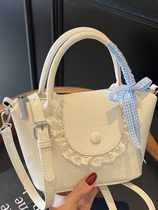 Women Crinkled PU Leather Bucket Bag Elegant Lace Trim Ribbon Bowknot Shoulder Bag Urban Minimalist Crossbody Handbag