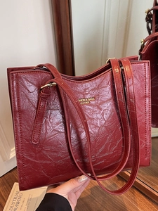 Vintage large capacity dark red tote bag with crinkled faux leather and gold lettering
