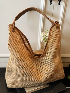 Retro Straw Woven Tote Bag Large Capacity Hollow Out Shoulder Bag With PU Leather Handle For Women Summer Beach Vacation