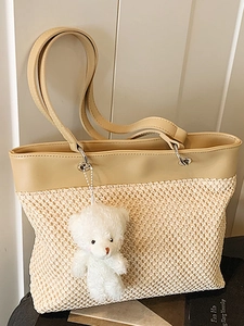 Women Patchwork Straw Woven Tote Bag Large Capacity Shoulder Bag With Cute Plush Bear Pendant Casual Beach Handbag