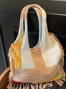 Vintage Knitted Patchwork Tote Bag For Women Bohemian Crochet Shoulder Bag With Tassels Large Capacity Fashion Travel Handbag