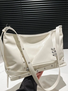 Chic cream white punk tote bag with metal eyelets and silver zipper hardware