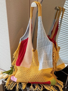 Retro colorful knit tote bag with yellow fringes and multi-pattern crochet design