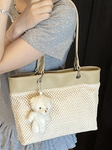 Fashion patchwork straw tote bag with leather straps and cute plush bear charm