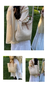 Close-up of woven straw tote bag with brown leather handles and V-shaped stitching detail