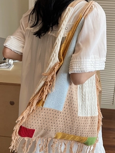 Bohemian patchwork knit tote bag with colorful fringe tassels for daily travel