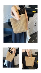 Close-up of woven straw tote bag featuring brown leather straps and detailed texture