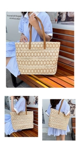 Detailed close-up of geometric woven pattern on tote bag with brown leather straps