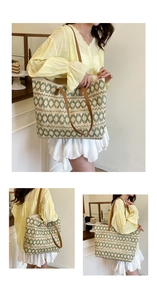 Detail of woven tote bag with green geometric patterns and brown leather straps