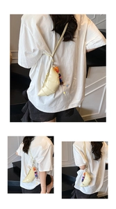 Minimalist beige croissant crossbody bag with colorful acrylic bead charms on thin strap