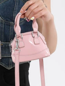 Pink glossy patent leather shell mini handbag with detachable shoulder strap for women