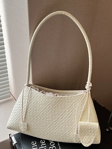 French Niche Woven PU Leather Underarm Bag For Women Elegant Commuting Shoulder Bag With Drawstring Magnetic Clasp Baguette Handbag