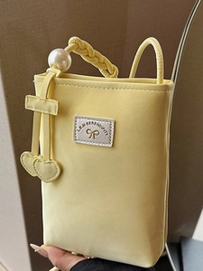 Sacoche bandoulière jaune en cuir PU pour téléphone avec grande perle et breloques cœur