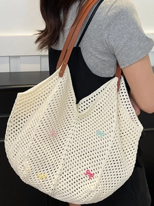 Large capacity woven beach tote bag with colorful bows and brown leather straps