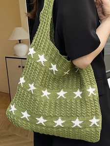 Borsa a spalla all'uncinetto verde con stelle bianche, borsa tote intrecciata da spiaggia
