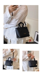 Detailed views of a black litchi leather tote bag with a golden logo and elephant charm