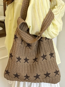Borsa tote all'uncinetto marrone con motivi a stelle per spiaggia o vacanze casual
