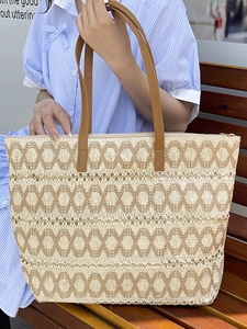 Hollow out woven paper rope tote bag with brown PU handles for summer beach use